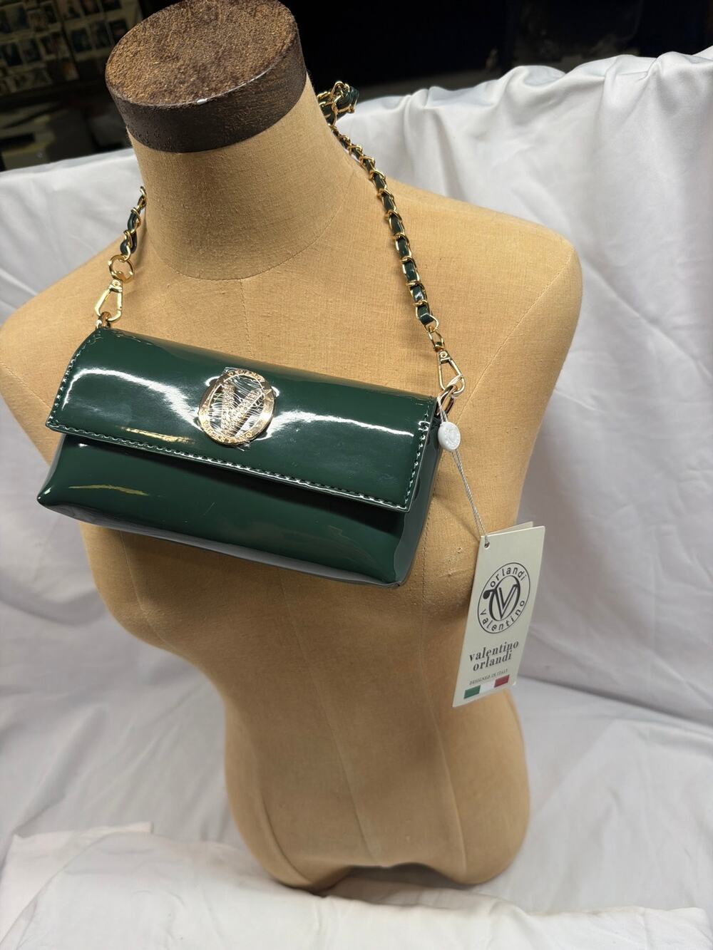 NWT Valentino Orlandi Green Patent Leather Convertible Bag / Clutch Italy